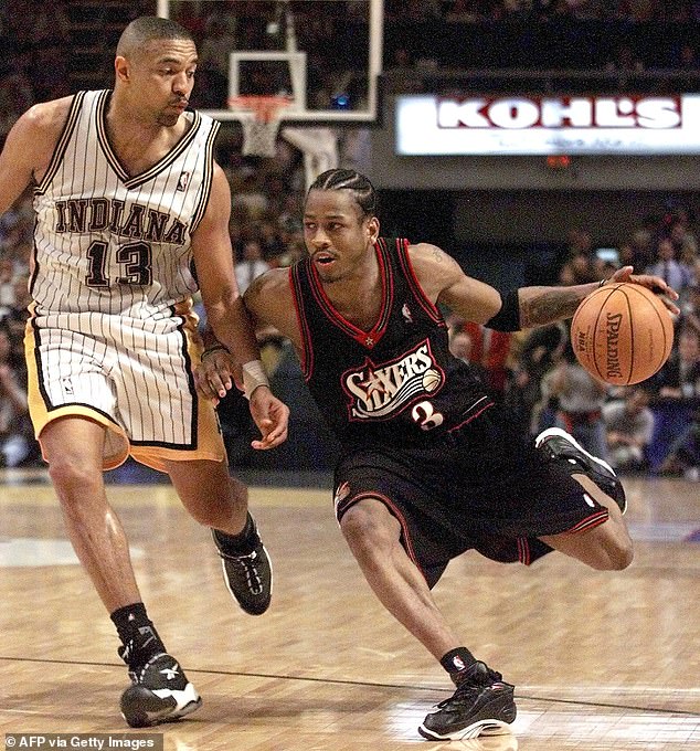 Allen Iverson drives on Pacers guard Mark Jackson during the 1999 NBA Playoffs