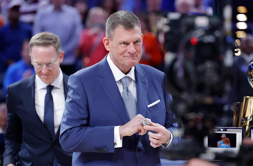 Oct 21, 2025; Oklahoma City, Oklahoma, USA; Oklahoma City Thunder owner Clay Bennett shows off his championship ring during the ring ceremony at Paycom Center. Mandatory Credit: Alonzo Adams-Imagn Images