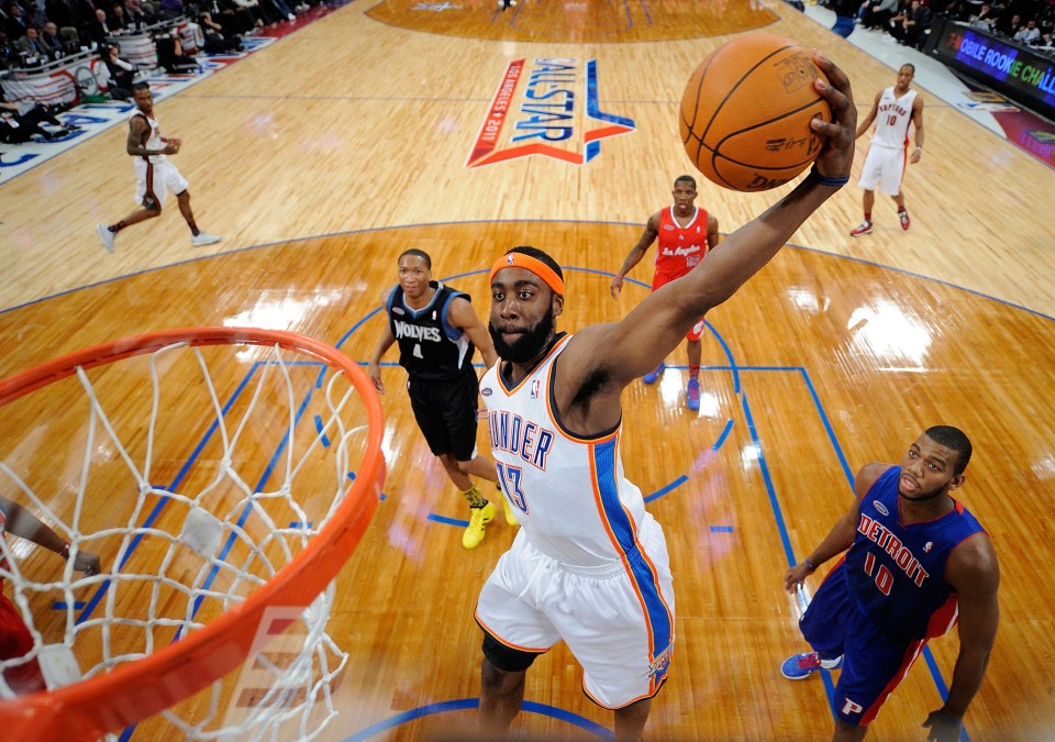James Harden #13 of the Oklahoma City Thunder and the Sophomore Team dunks the ball in the second half during the T-Mobile Rookie Challenge and Youth Jam at Staples Center