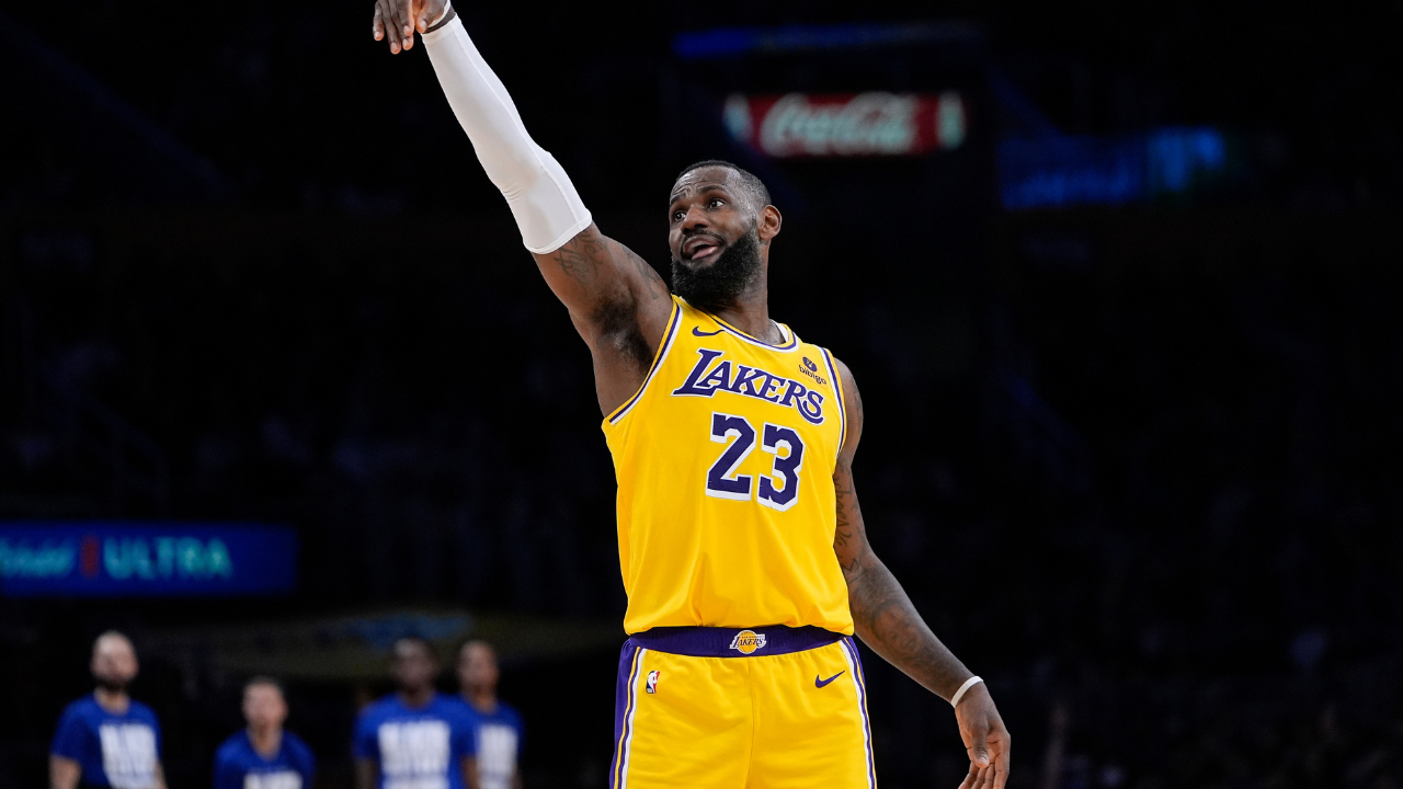 LeBron James watches a shot during LA Lakers' game against the Detroit Pistons. LeBron James watches a shot during LA Lakers' game against the Detroit Pistons.