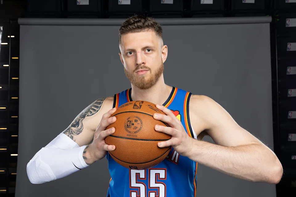Sep 29, 2025; Oklahoma City, OK, USA; Oklahoma City Thunder center Isaiah Hartenstein poses for a photo during the 2025 Oklahoma City Thunder media day at Paycom Center. Mandatory Credit: Alonzo Adams-Imagn Images