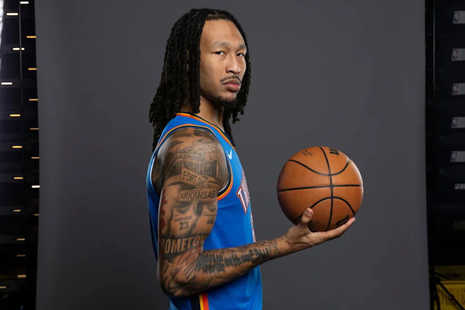 Sep 29, 2025; Oklahoma City, OK, USA; Oklahoma City Thunder forward Jaylin Williams poses for a photo during the 2025 Oklahoma City Thunder media day at Paycom Center. Mandatory Credit: Alonzo Adams-Imagn Images