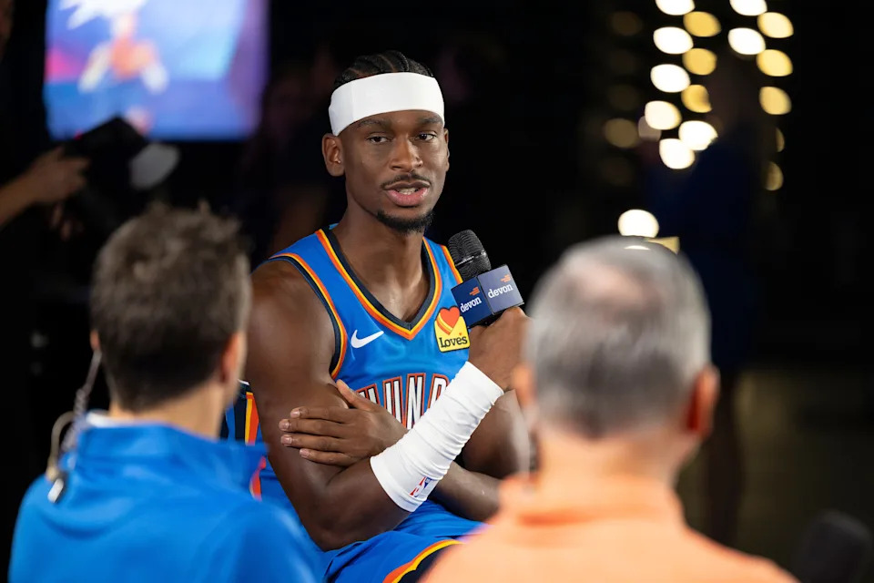 Sep 29, 2025; Oklahoma City, OK, USA; Oklahoma City Thunder guard Shai Gilgeous-Alexander (2) speaks to the media during the 2025 Oklahoma City Thunder media day at Paycom Center. Mandatory Credit: Alonzo Adams-Imagn Images