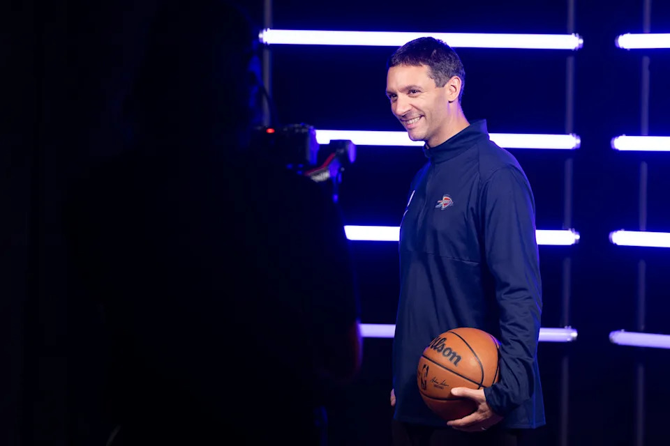 Sep 29, 2025; Oklahoma City, OK, USA; Oklahoma City Thunder head coach Mark Daigneault poses for a photo during the 2025 Oklahoma City Thunder media day at Paycom Center. Mandatory Credit: Alonzo Adams-Imagn Images