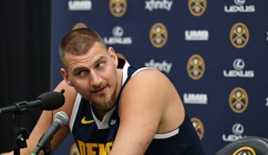 Nikola Jokic holds court with refs at Nuggets training camp