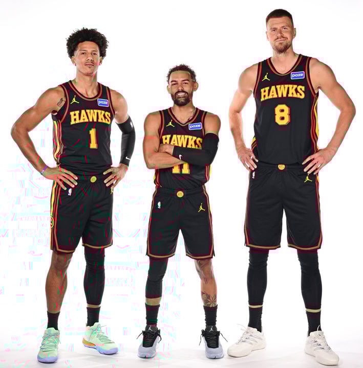 Jalen Johnson, Trae Young, Kristaps Porziņģis Jalen Johnson, Trae Young, Kristaps Porziņģis