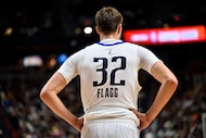 Dallas Mavericks forward Cooper Flagg looks on during an NBA summer league basketball game...