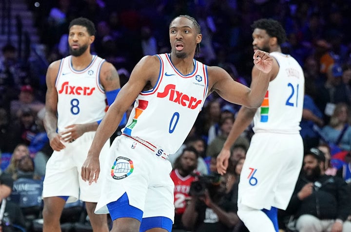 Paul George, Tyrese Maxey, Joel Embiid Paul George, Tyrese Maxey, Joel Embiid