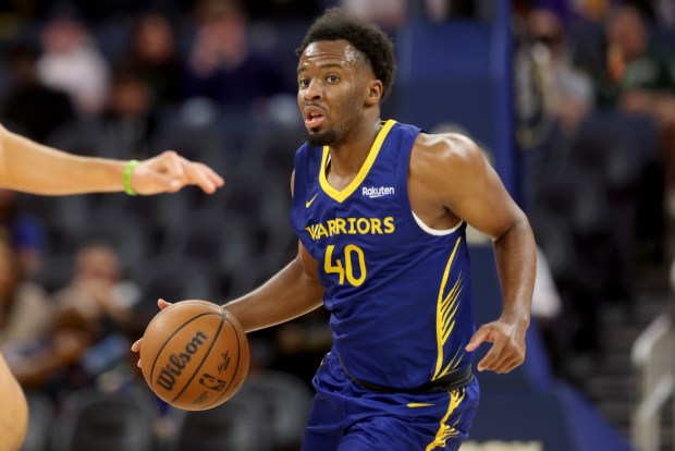 Golden State Warriors' LJ Cryer looks to pass against the Los Angeles Lakers in the third quarter of an NBA Summer League game at Chase Center in San Francisco, Calif., on Saturday, July 5, 2025. (Ray Chavez/Bay Area News Group)