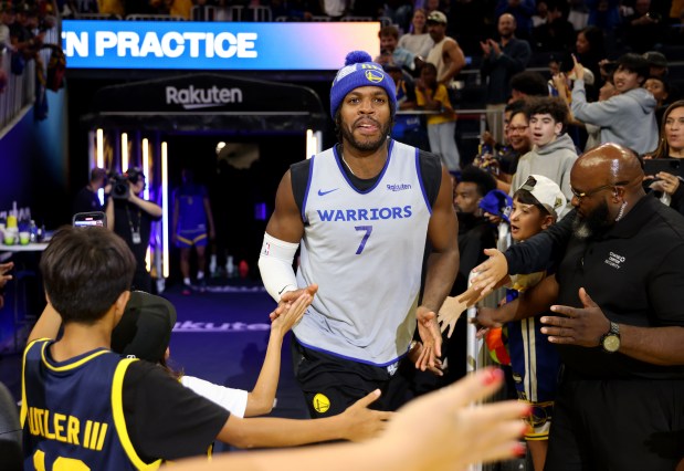 Golden State Warriors' Buddy Hield #7 enters the court during their open practice at the Chase Center in San Francisco, Calif., on Thursday, Oct. 9, 2025. (Jane Tyska/Bay Area News Group)
