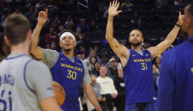 Steph Curry explains jersey stunt with Seth Curry at Warriors practice