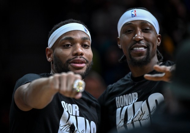 Bruce Brown (11) of the Indiana Pacers flashes his championship ring as he stands beside former teammate Kentavious Caldwell-Pope (5) of the Denver Nuggets before the first quarter at Ball Arena in Denver on Sunday, Jan. 14, 2024. (Photo by AAron Ontiveroz/The Denver Post)