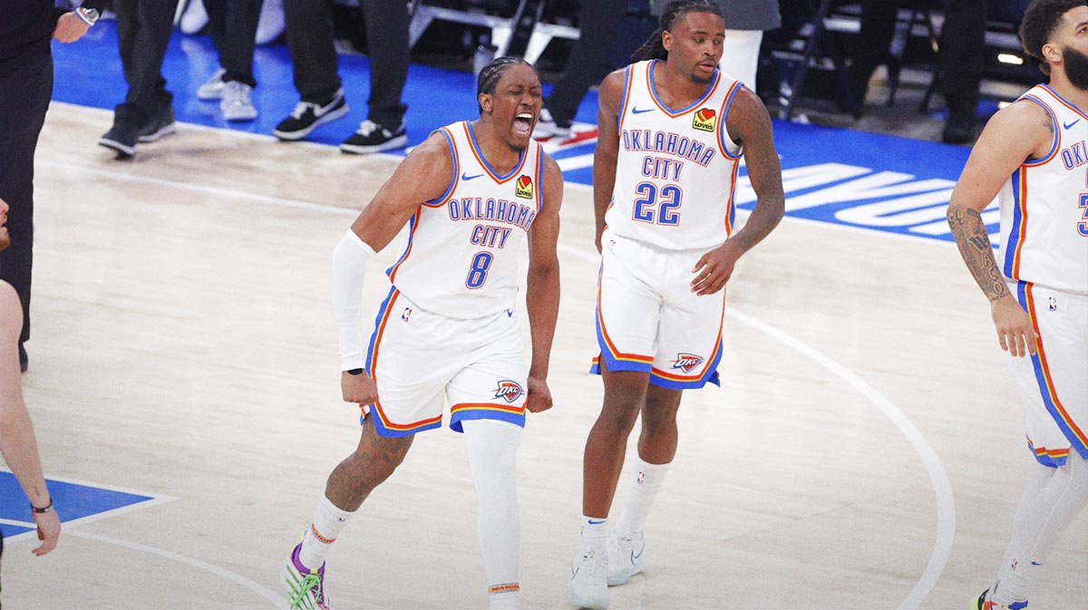 Oklahoma City Thunder forward Jalen Williams (8) and guard Cason Wallace (22) celebrate after a play in the third quarter against the Minnesota Timberwolves during game one of the western conference finals.