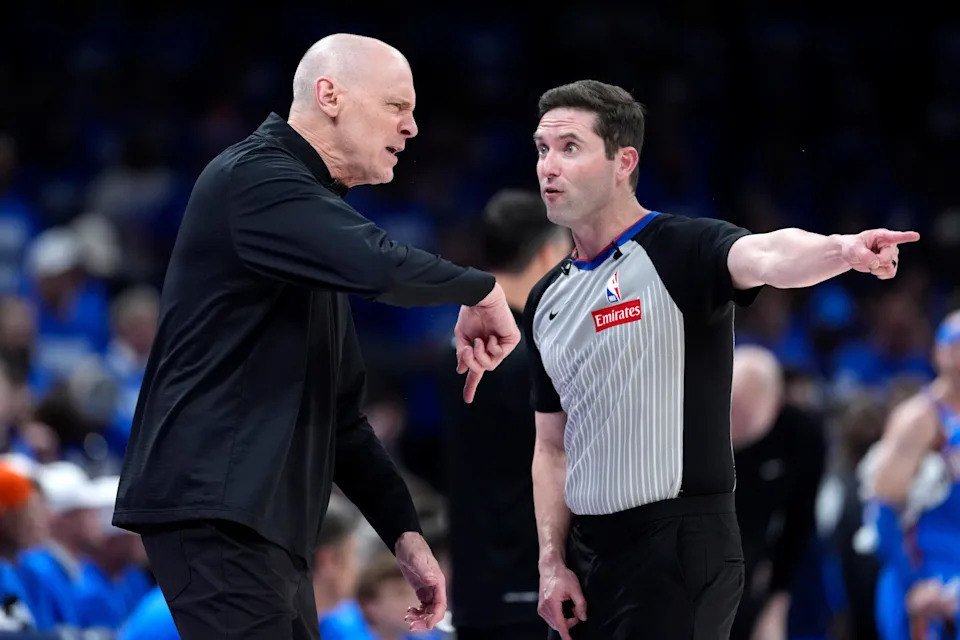 Pacers Rick Carlisle argues with referee Ben Taylor during Game 2 of the NBA Finals between the Oklahoma City Thunder and the Indiana Pacers at Paycom Center in Oklahoma City, Sunday, June 8, 2025. Oklahoma City won 123-107.