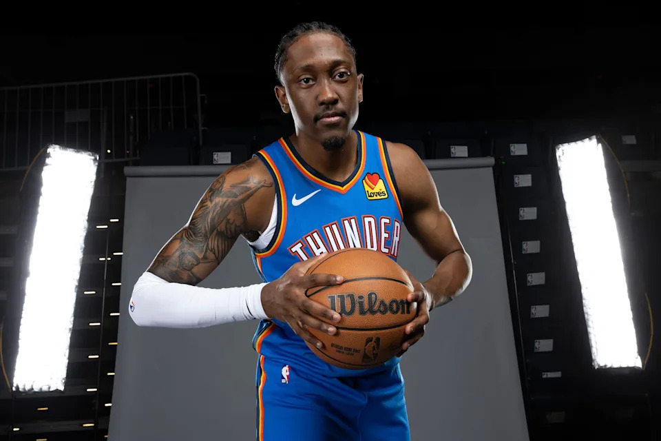 Sep 29, 2025; Oklahoma City, OK, USA; Oklahoma City Thunder forward Jalen Williams poses for a photo during the 2025 Oklahoma City Thunder media day at Paycom Center. Mandatory Credit: Alonzo Adams-Imagn Images
