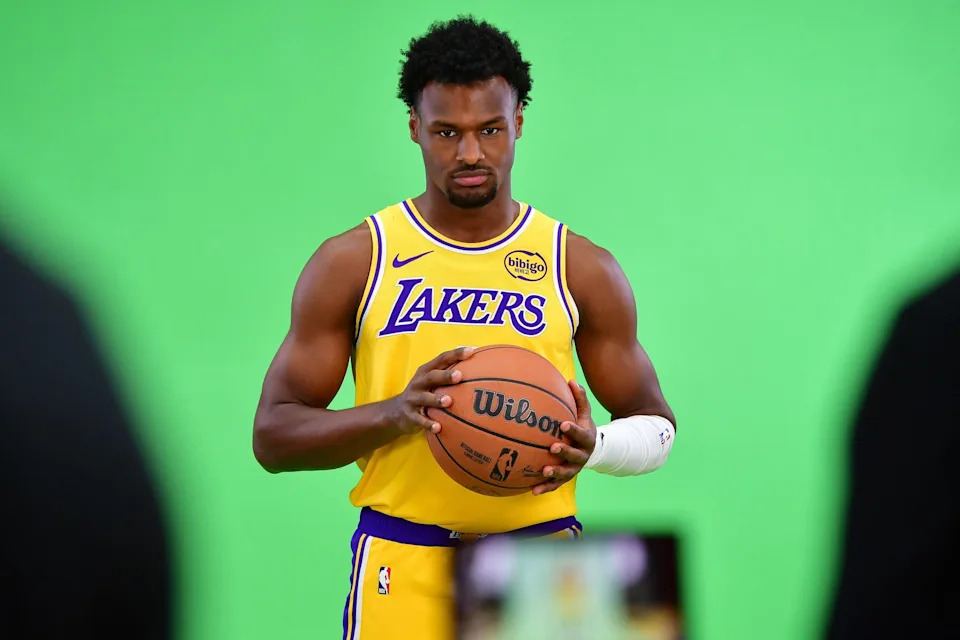 Los Angeles Lakers guard Bronny James (9) poses for photos during media day at UCLA Health Training Center in Los Angeles on Sept. 29, 2025.