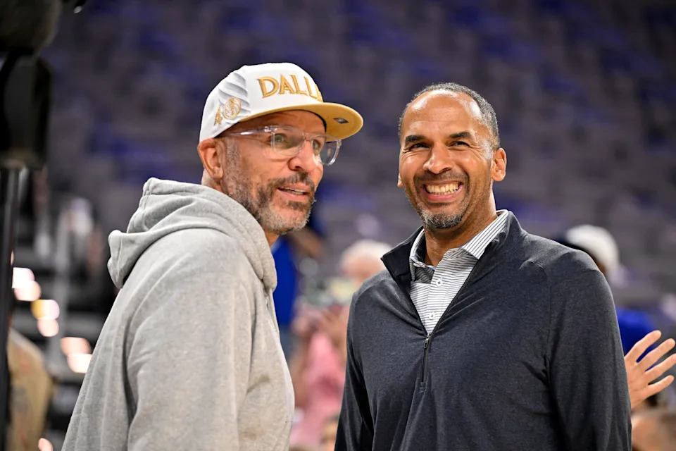 Oct 6, 2025; Fort Worth, Texas, USA; Dallas Mavericks head coach Jason Kidd (left) and general manager Nico Harrison (right) look on before the game against the Oklahoma City Thunder at Dickie's Arena. Mandatory Credit: Jerome Miron-Imagn Images