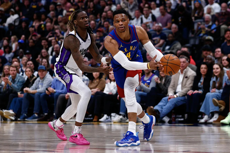 Denver Nuggets guard Russell Westbrook (4) controls the ball as Sacramento Kings guard Keon Ellis (23)Isaiah J. Downing-Imagn Images