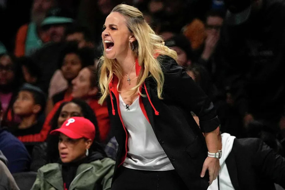 Las Vegas Aces head coach Becky Hammon calls out to her team during the second half in Game 4 of a WNBA basketball final playoff series against the New York Liberty, Wednesday, Oct. 18, 2023, in New York. (Frank Franklin II/Associated Press)