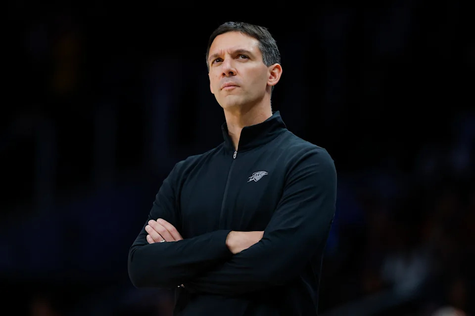 ATLANTA, GEORGIA - OCTOBER 25: Head coach Mark Daigneault of the Oklahoma City Thunder looks on during the fourth quarter against the Atlanta Hawks at State Farm Arena on October 25, 2025 in Atlanta, Georgia. NOTE TO USER: User expressly acknowledges and agrees that, by downloading and or using this photograph, User is consenting to the terms and conditions of the Getty Images License Agreement. (Photo by Todd Kirkland/Getty Images)