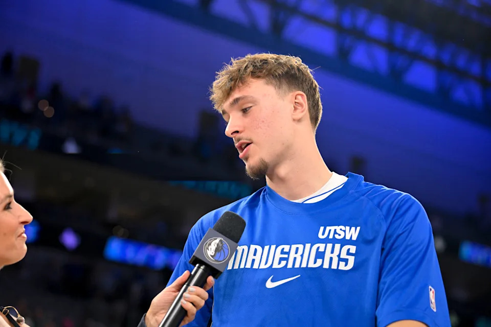 Oct 6, 2025; Fort Worth, Texas, USA; Dallas Mavericks forward Cooper Flagg (32) is interviewed after the game against the Oklahoma City Thunder during the second half at Dickie's Arena. Mandatory Credit: Jerome Miron-Imagn Images