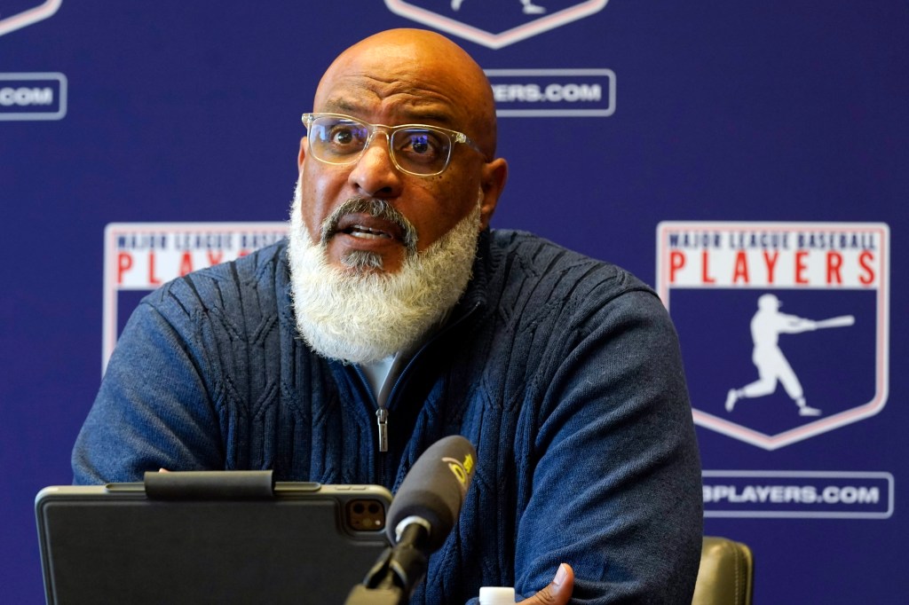 Tony Clark, Major League Baseball Players Association Executive Director, speaking at a press conference.