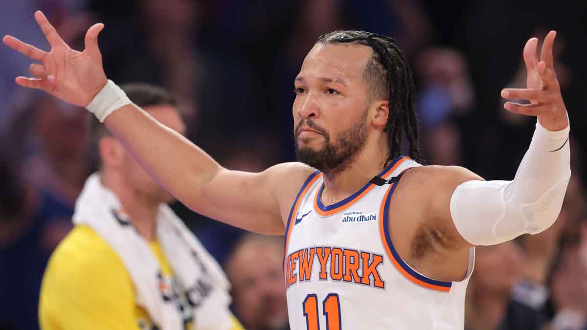 New York Knicks guard Jalen Brunson (11) reacts after a three point shot against the Indiana Pacers in the first quarter during game five of the eastern conference finals for the 2025 NBA Playoffs at Madison Square Garden.