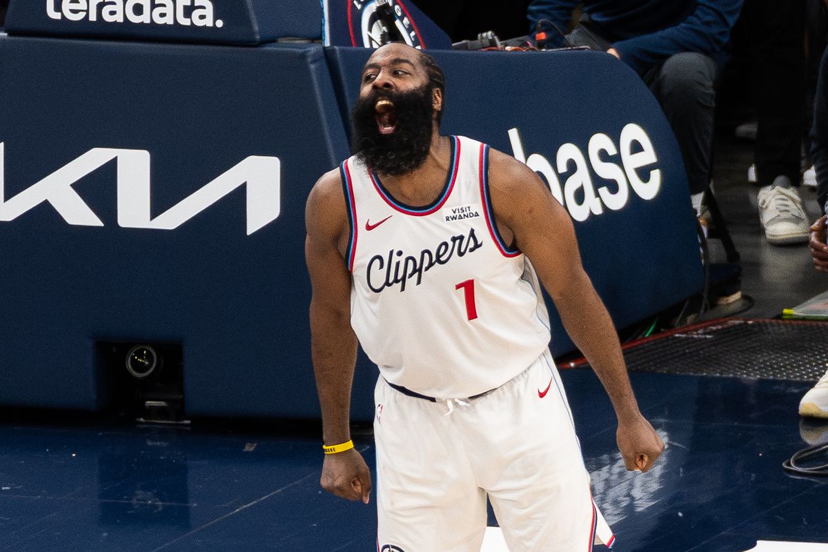 Los Angeles Clippers guard James Harden (1) celebrates after scoring at an NBA basketball game against the Portland Trailblazers, Sunday October 26th, 2025 in Inglewood, California. 
