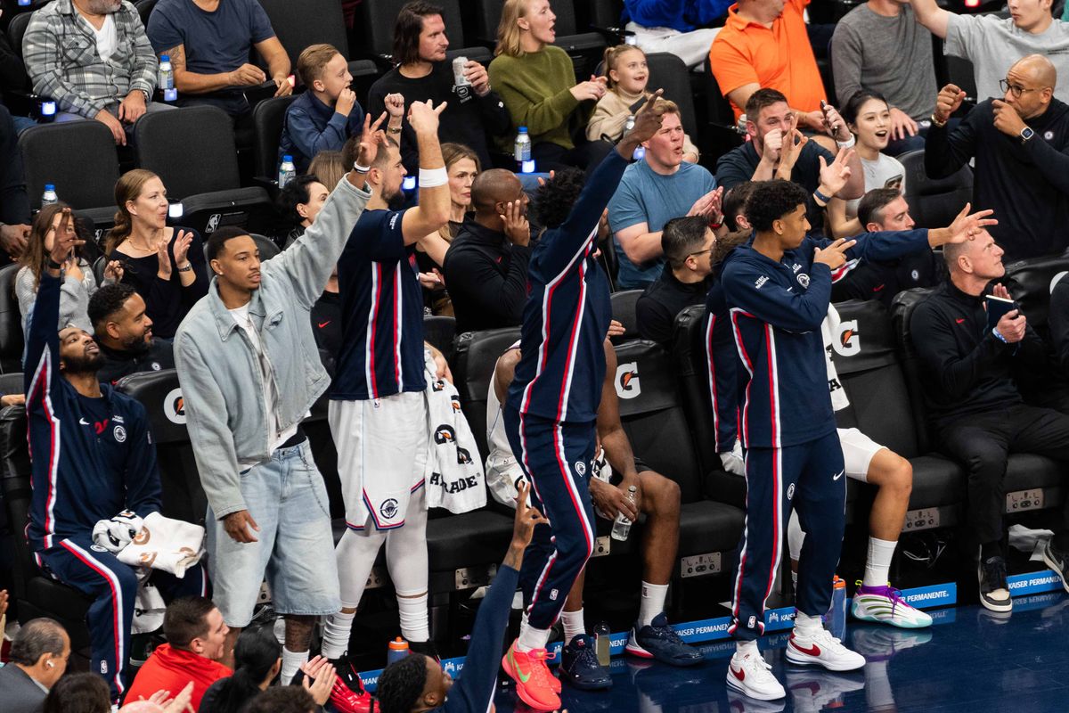 Los Angeles Clippers bench celebrates a made three pointer during an NBA basketball game against the Portland Trailblazers, Sunday October 26th, 2025 in Inglewood, California. 
