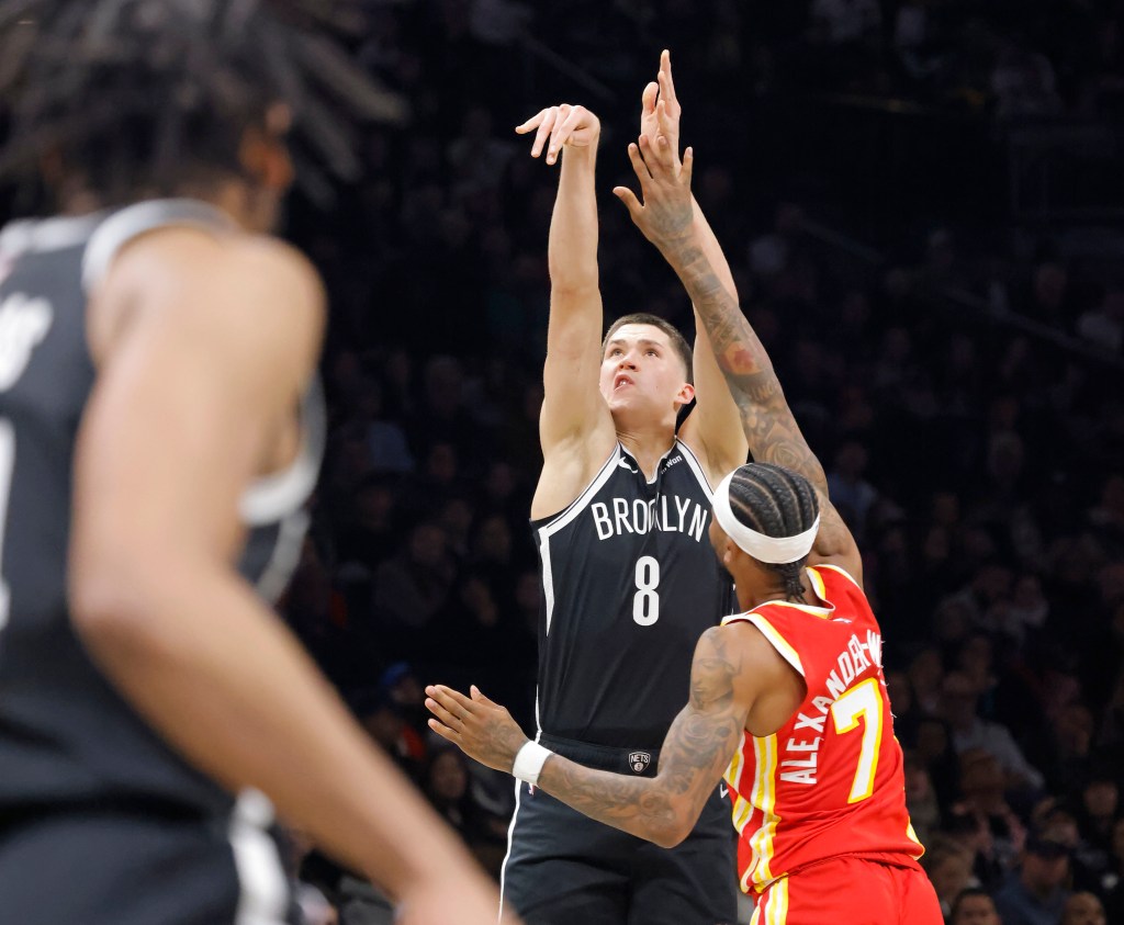 Egor Demin #8 of the Brooklyn Nets puts up a shot over Nickeil Alexander-Walker #7 of the Atlanta Hawks during the first half when the Brooklyn Nets played the Atlanta Hawks Wednesday, October 29, 2025 at Barclays Center in Brooklyn, NY. 