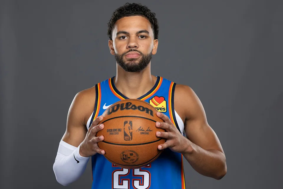 Sep 29, 2025; Oklahoma City, OK, USA; Oklahoma City Thunder guard Ajay Mitchell poses for a photo during the 2025 Oklahoma City Thunder media day at Paycom Center. Mandatory Credit: Alonzo Adams-Imagn Images