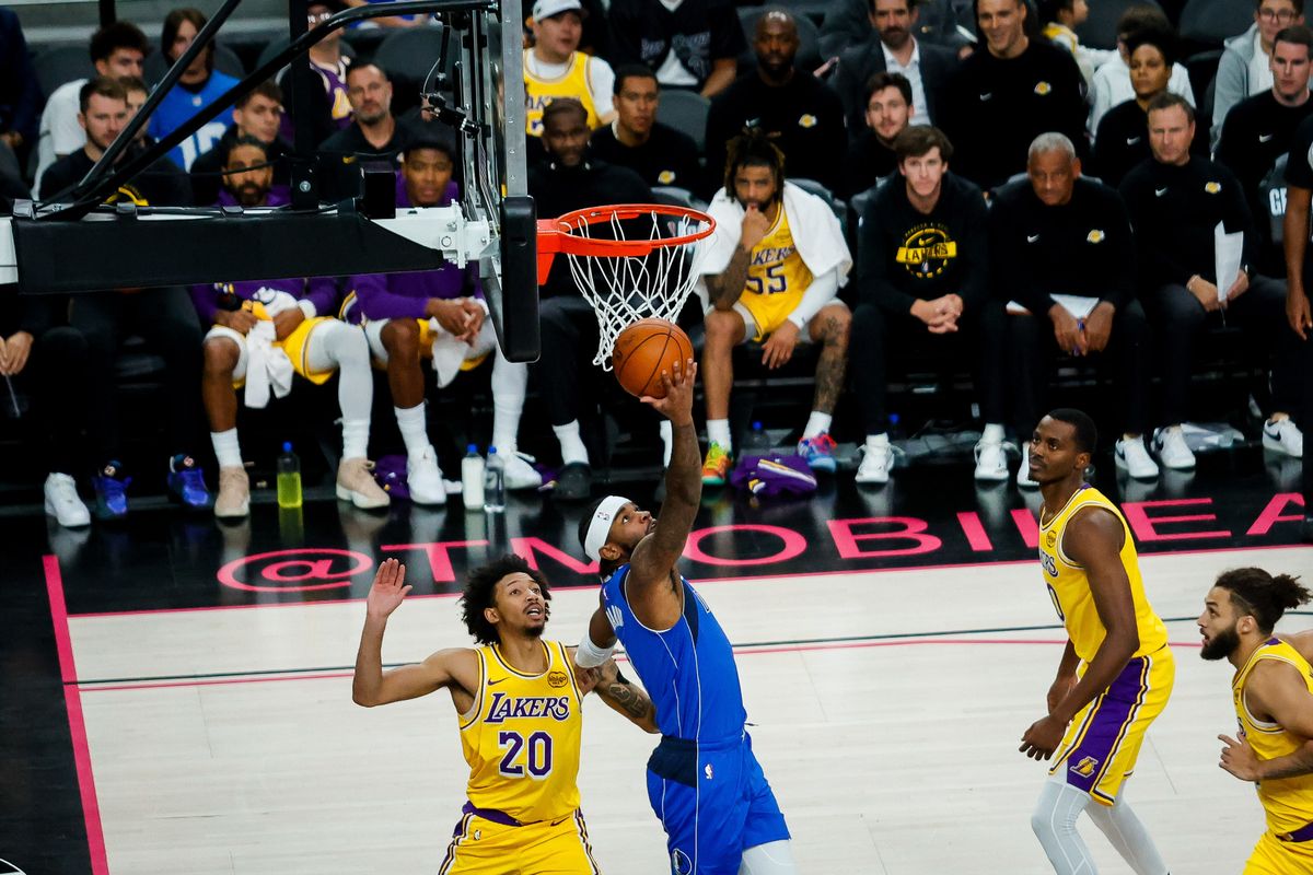 Dallas Mavericks guard Jaden Hardy (1) goes for a reverse lay-up during a NBA preseason game between the Los Angeles Lakers and the Dallas Mavericks, Wednesday October 15, 2025 in Las Vegas, Nev. Dallas Mavericks guard Jaden Hardy (1) goes for a reverse lay-up during a NBA preseason game between the Los Angeles Lakers and the Dallas Mavericks, Wednesday October 15, 2025 in Las Vegas, Nev.