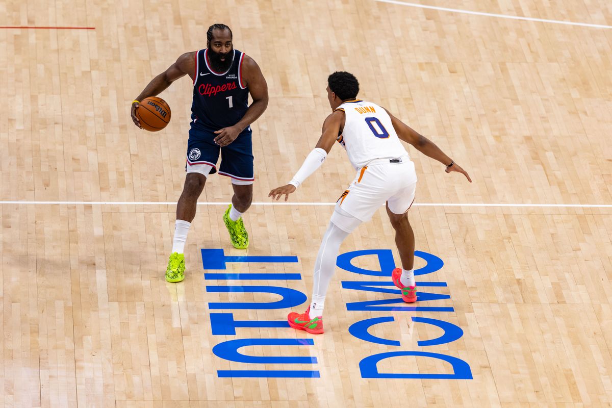 Guard James Harden #1 of the LA Clippers handles the ball during an NBA game against the Phoenix Suns at the Intuit Dome on October 24, 2025 in Inglewood California.