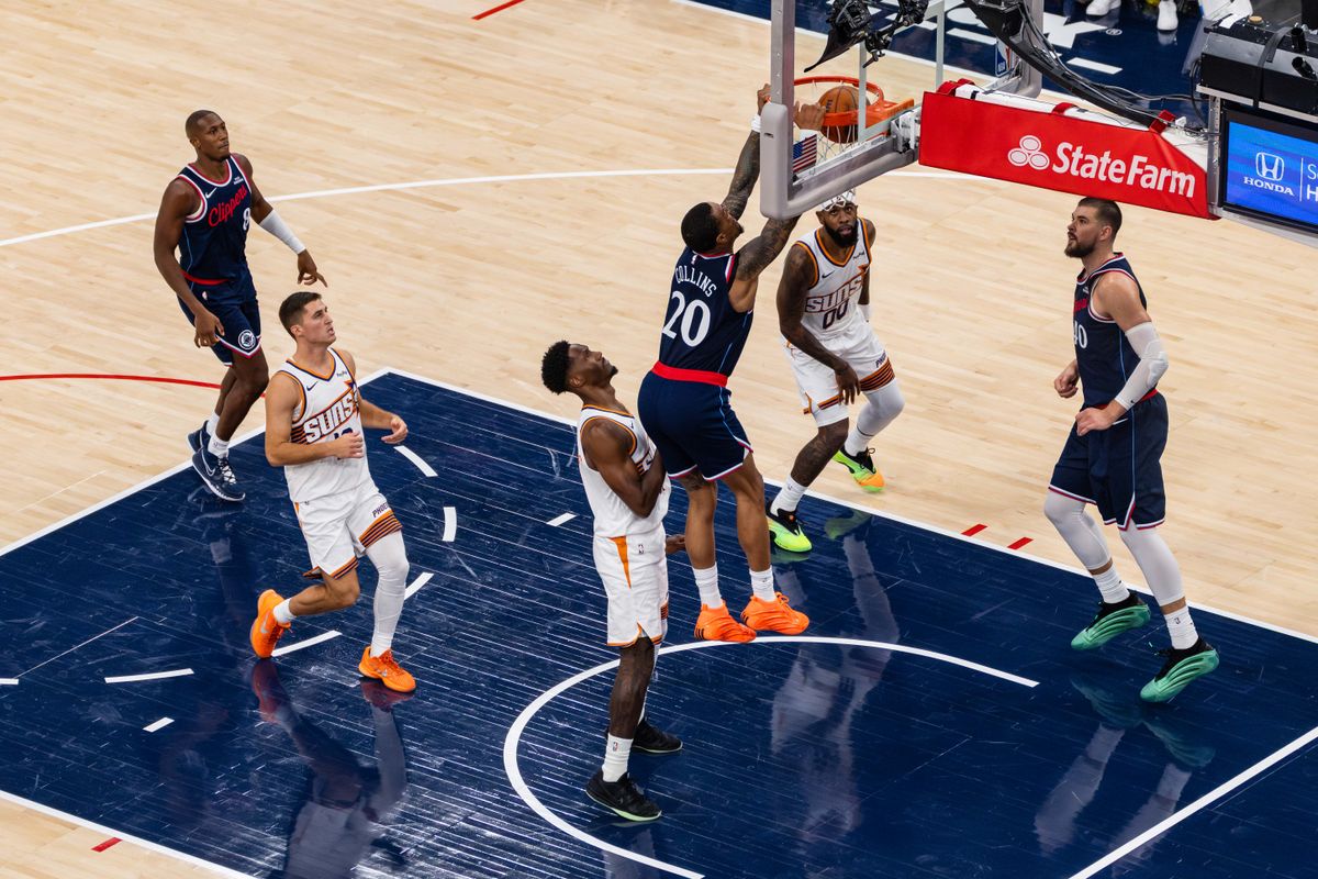 Forward John Collins #20 of the LA Clippers dunks the ball during an NBA game against the Phoenix Suns at the Intuit Dome on October 24, 2025 in Inglewood California.