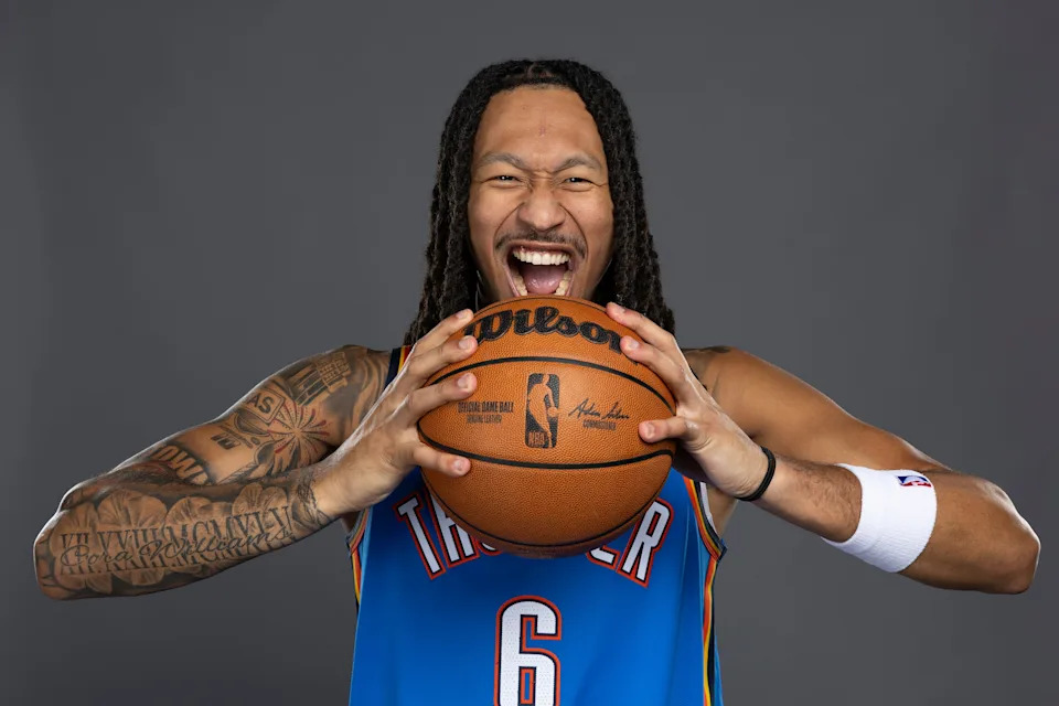 Sep 29, 2025; Oklahoma City, OK, USA; Oklahoma City Thunder forward Jaylin Williams poses for a photo during the 2025 Oklahoma City Thunder media day at Paycom Center. Mandatory Credit: Alonzo Adams-Imagn Images