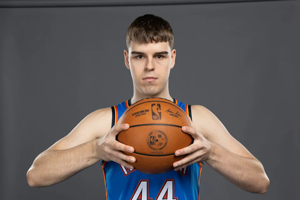 Sep 29, 2025; Oklahoma City, OK, USA; Oklahoma City Thunder guard Nikola Topic poses for a photo during the 2025 Oklahoma City Thunder media day at Paycom Center. Mandatory Credit: Alonzo Adams-Imagn Images