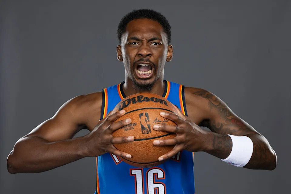 Sep 29, 2025; Oklahoma City, OK, USA; Oklahoma City Thunder forward Zack Austin poses for a photo during the 2025 Oklahoma City Thunder media day at Paycom Center. Mandatory Credit: Alonzo Adams-Imagn Images