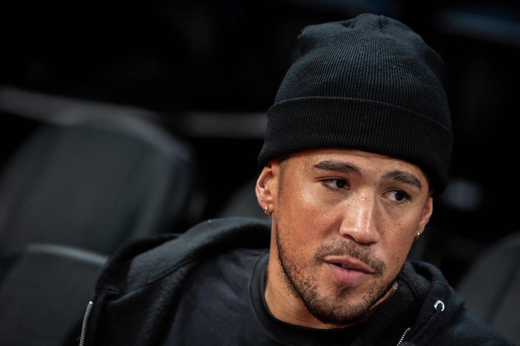 The Phoenix Suns’ Devin Booker talks to media in Macau on Thursday. Photo: AFP