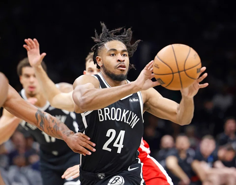 Cam Thomas (24) makes a pass during the first half of the Nets’ preseason blowout win over Hapoel Jerusalem. Robert Sabo for NY Post