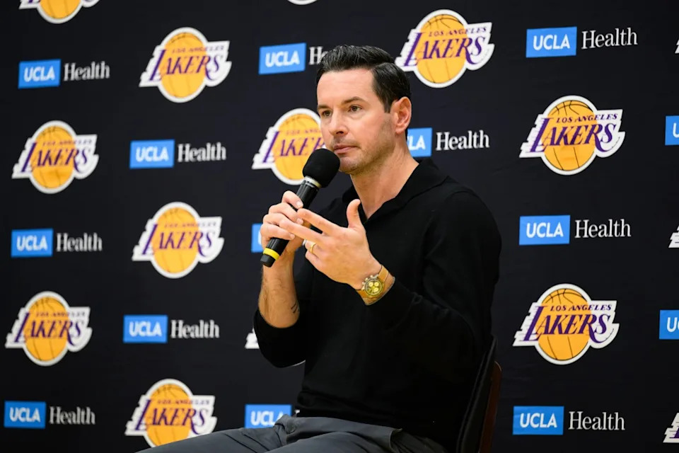 Los Angeles Lakers head coach JJ Redick speaks during a press conference in El Segundo, California, on Sept. 25, 2025.William Liang-Imagn Images