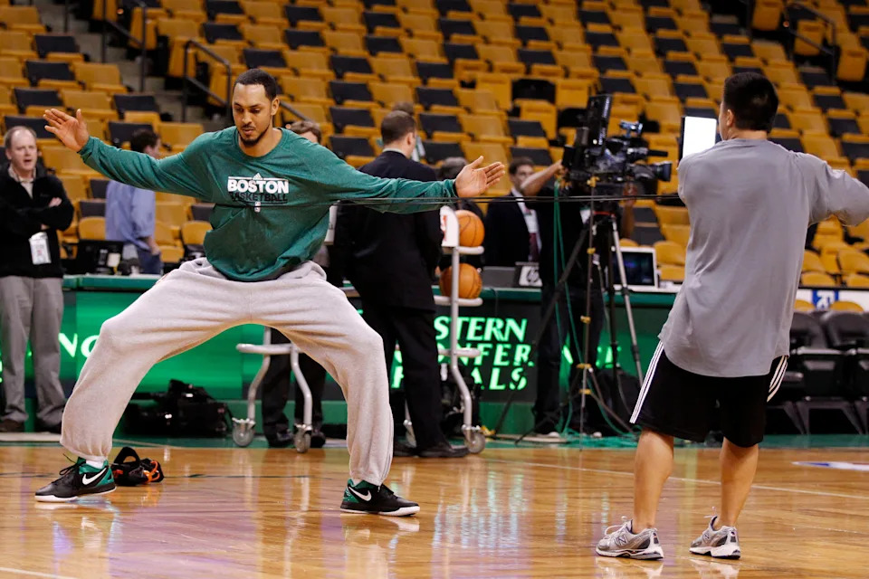 June 3, 2012; Boston, MA, USA; Boston Celtics center Ryan Hollins (50) warms up before the start of the game against the Miami Heat in game four of the Eastern Conference finals of the 2012 NBA playoffs at TD Garden. Mandatory Credit: David Butler II-USA TODAY Sports