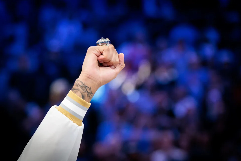 OKLAHOMA CITY, OKLAHOMA - OCTOBER 21: Jaylin Williams #6 of the Oklahoma City Thunder holds his championship ring in the air prior to the game against the Houston Rockets at Paycom Center on October 21, 2025 in Oklahoma City, Oklahoma. NOTE TO USER: User expressly acknowledges and agrees that, by downloading and or using this photograph, User is consenting to the terms and conditions of the Getty Images License Agreement. (Photo by William Purnell/Getty Images)