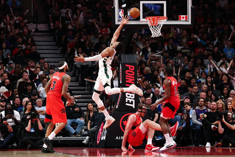 Giannis Antetokounmpo of the Milwaukee Bucks scores a lay up during the second half against the Toronto Raptors.