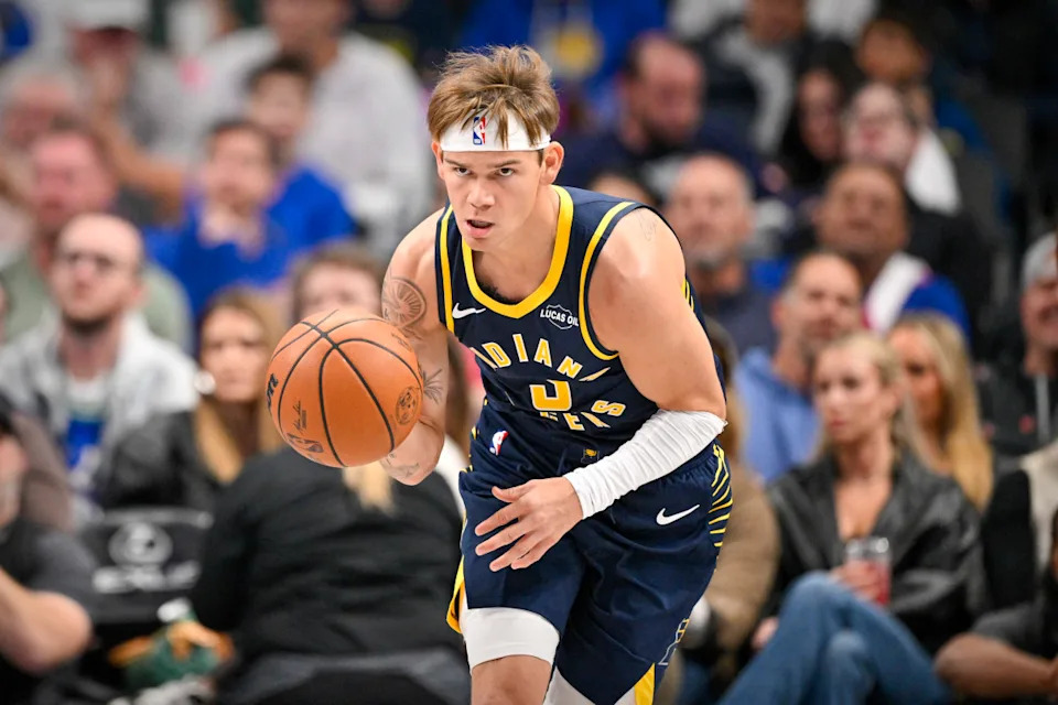 Indiana Pacers guard Mac McClung (3) brings the ball up court during the second quarter against the Dallas Mavericks at the American Airlines Center. Jerome Miron-Imagn Images