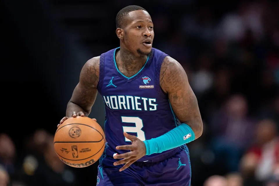 CHARLOTTE, NORTH CAROLINA – JANUARY 20: Terry Rozier #3 of the Charlotte Hornets brings the ball up court against the Philadelphia 76ers during their game at Spectrum Center on January 20, 2024 in Charlotte, North Carolina. (Photo by Jacob Kupferman/Getty Images)
