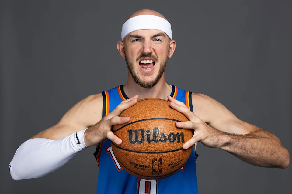 Sep 29, 2025; Oklahoma City, OK, USA; Oklahoma City Thunder guard Alex Caruso poses for a photo during the 2025 Oklahoma City Thunder media day at Paycom Center. Mandatory Credit: Alonzo Adams-Imagn Images