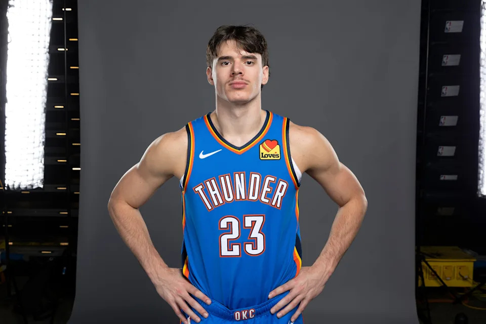 Sep 29, 2025; Oklahoma City, OK, USA; Oklahoma City Thunder forward Brooks Barnhizer poses for a photo during the 2025 Oklahoma City Thunder media day at Paycom Center. Mandatory Credit: Alonzo Adams-Imagn Images