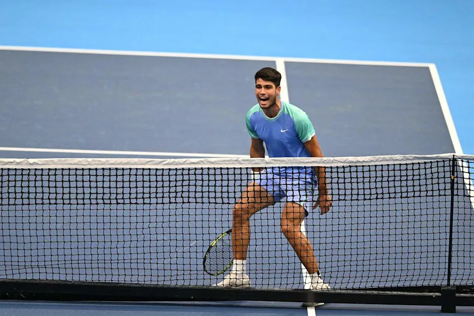 Dec. 6, 2024: Carlos Alcaraz reacts during his exhibition tennis match against Frances Tiafoe at the Charlotte Invitational. The night also featured an exhibition between women's players Madison Keys and Sloane Stephens and drew 16,194 fans.
