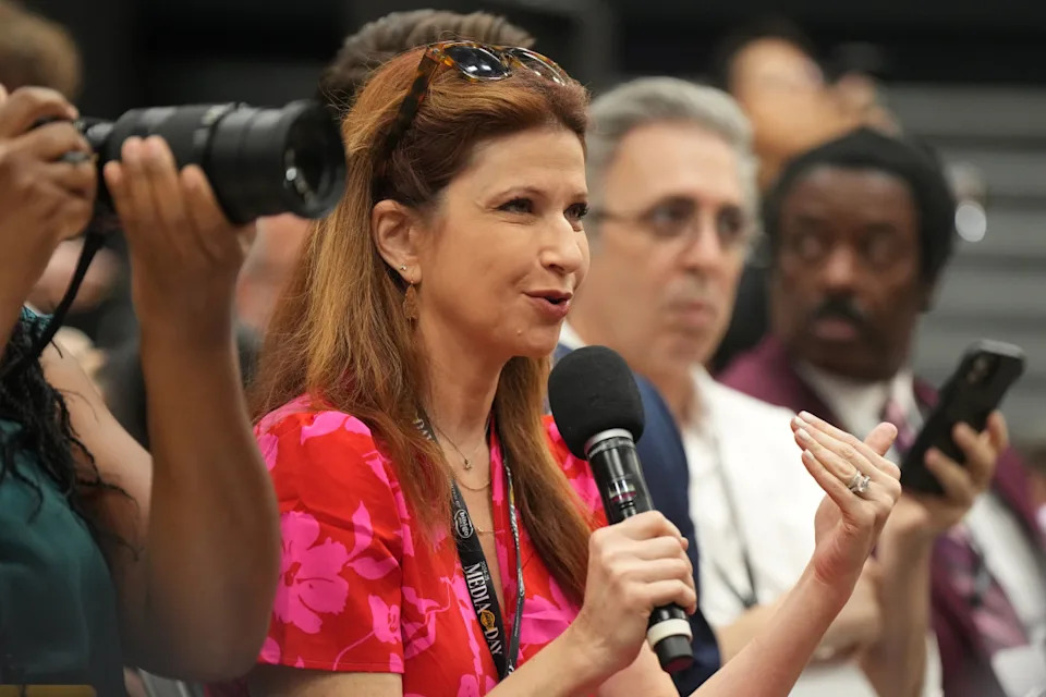 Sep 30, 2024; El Segundo, CA, USA; Rachel Nichols during Los Angeles Lakers media day at the UCLA Health Training Center. Credit: Kirby Lee-Imagn Images