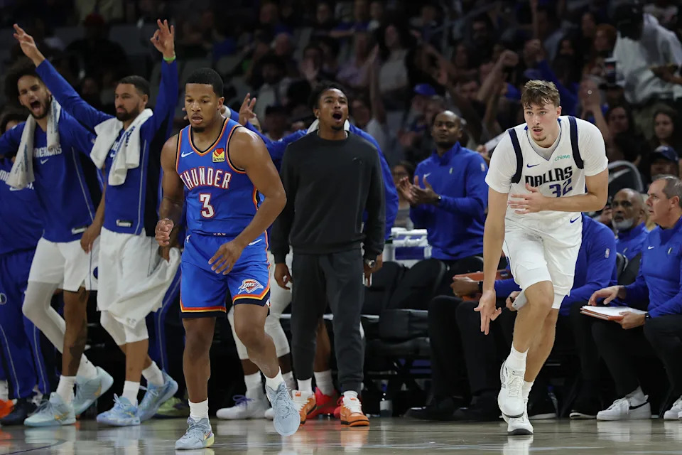 FORT WORTH, TEXAS - OCTOBER 06: Cooper Flagg #32 of the Dallas Mavericks reacts to a three point shot during the first half of a preseason game against the Oklahoma City Thunder at Dickies Arena on October 06, 2025 in Fort Worth, Texas. NOTE TO USER: User expressly acknowledges and agrees that, by downloading and or using this photograph, User is consenting to the terms and conditions of the Getty Images License Agreement. (Photo by Stacy Revere/Getty Images)